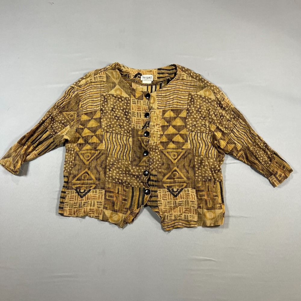 Sequel By Sharon Anthony Cropped Blouse Womens Medium Brown Rayon Aztec Print